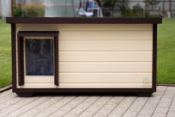 Cușcă câine, izolată termic, 2 incăperi, pereți 8 cm, Premium Plus Large vopsita bej cu maro ciocolatiu