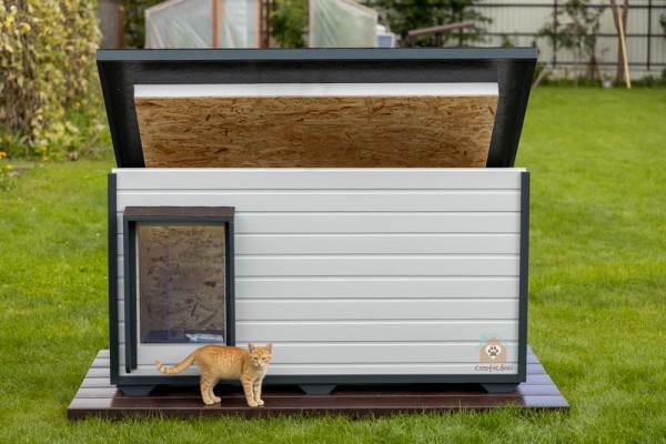 Cușcă câine, izolată termic, 2 incăperi, pereți 8 cm, Premium Plus Large vopsita gri